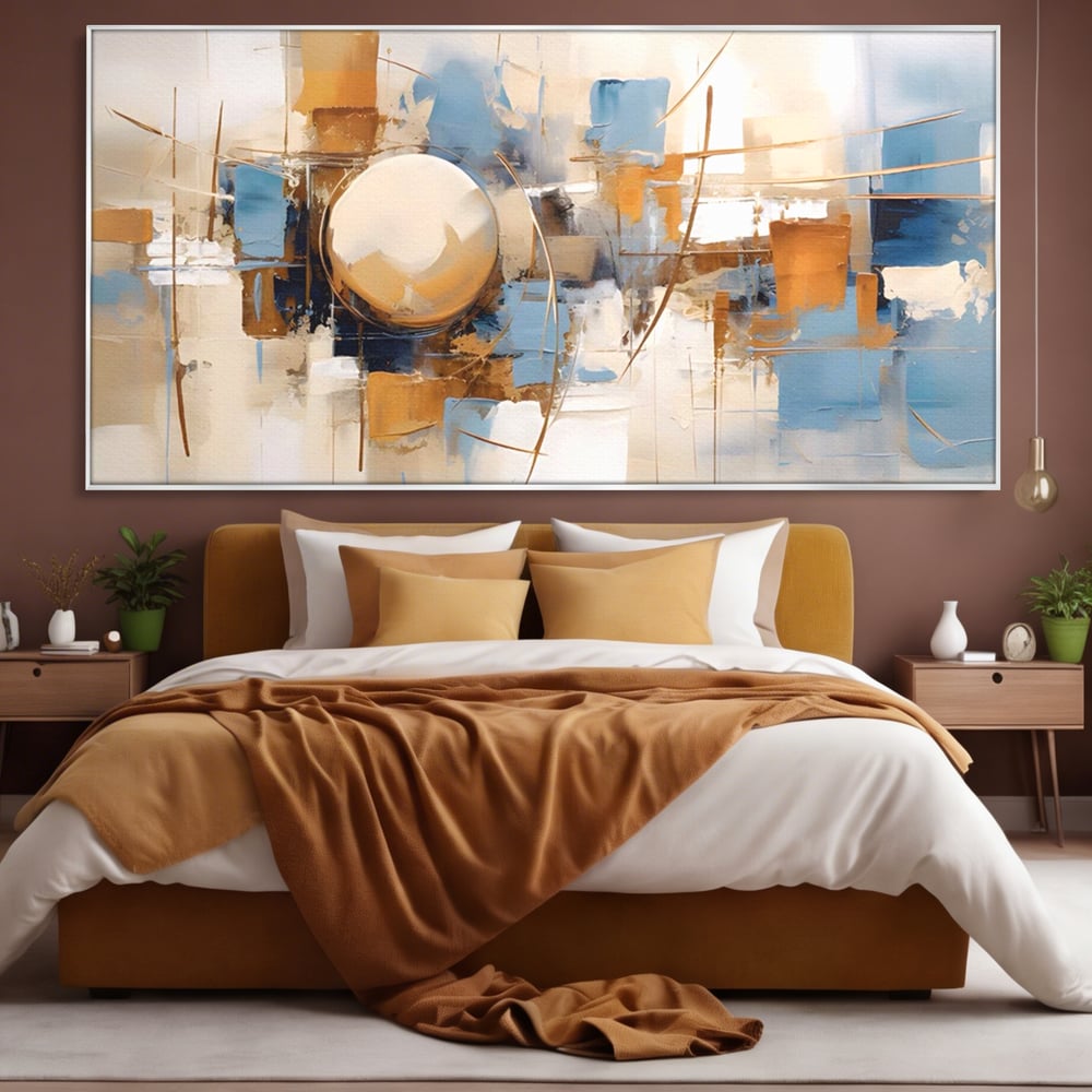 Tablou canvas cu pictura abstracta cu sfera si linii, in rama de aluminiu argintiu, pe perete intr-un dormitor
